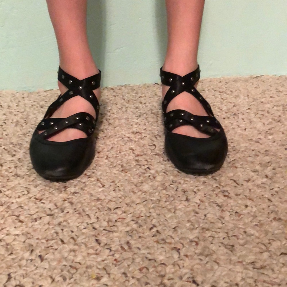 Black, leather, lace up flats